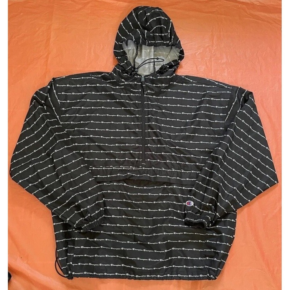 CHAMPION Windbreaker Sz XL Black With All Over Print Packable Hooded Zip Pocket